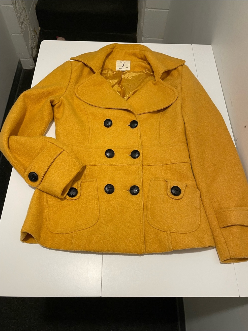 Forever 21 Brand Junior's size Small Mustard Yellow Wool Blend Peacoat Fall